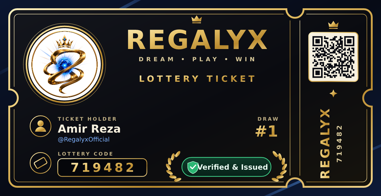 Sample Regalyx ticket for Amir Reza with lottery code 719482, marked Verified and Issued